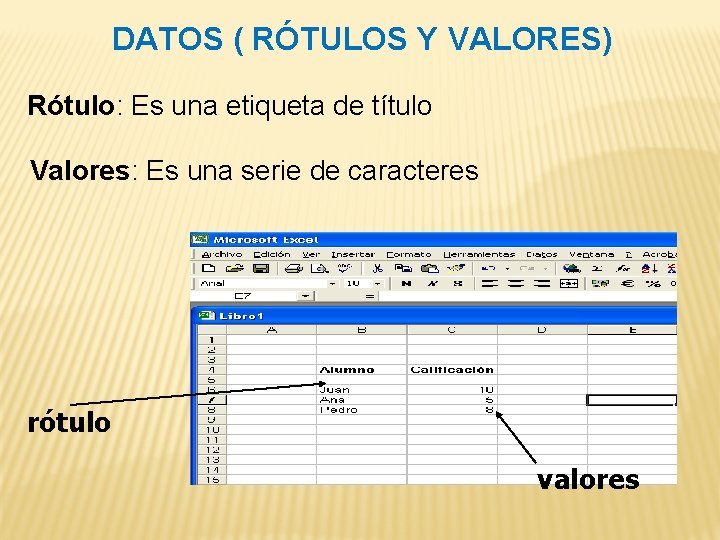 DATOS ( RÓTULOS Y VALORES) Rótulo: Es una etiqueta de título Valores: Es una