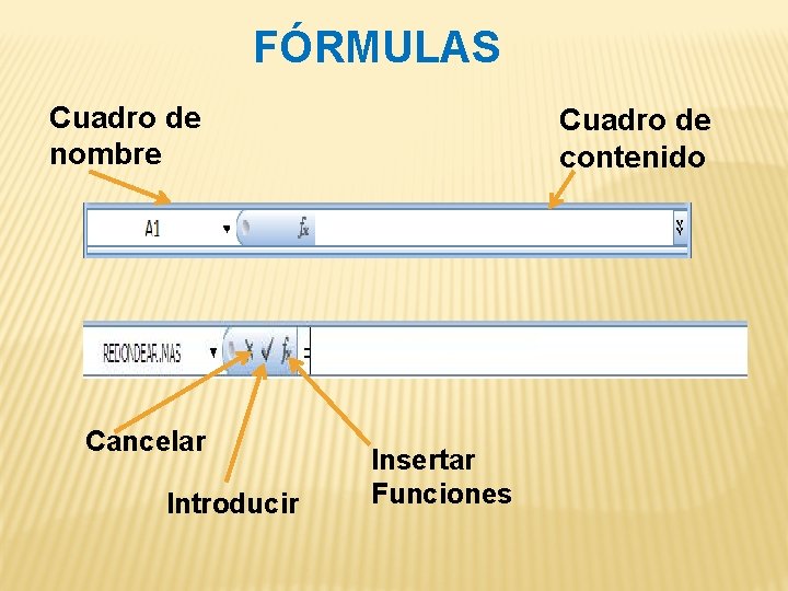 FÓRMULAS Cuadro de nombre Cancelar Introducir Cuadro de contenido Insertar Funciones 