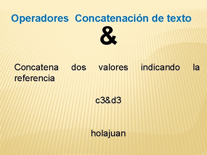 Operadores Concatenación de texto & Concatena referencia dos valores c 3&d 3 holajuan indicando