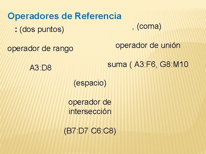 Operadores de Referencia : (dos puntos) , (coma) operador de rango operador de unión