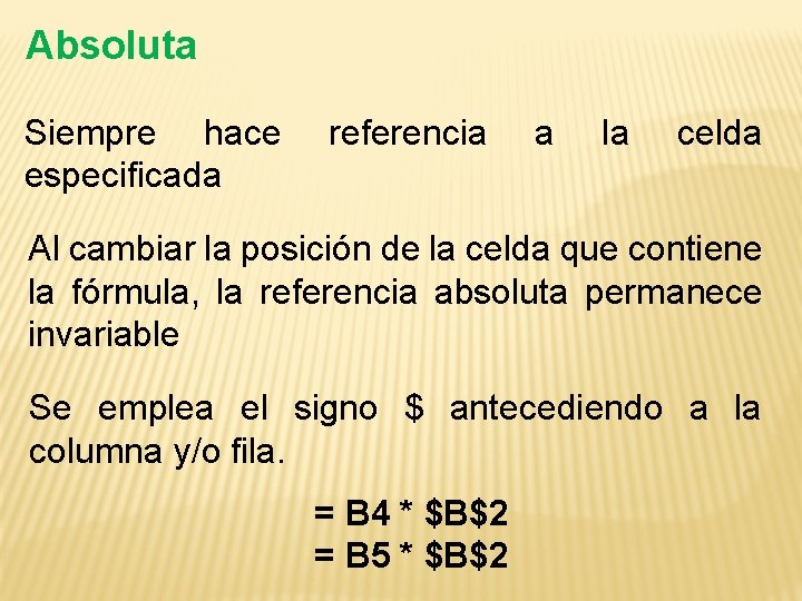 Absoluta Siempre hace especificada referencia a la celda Al cambiar la posición de la