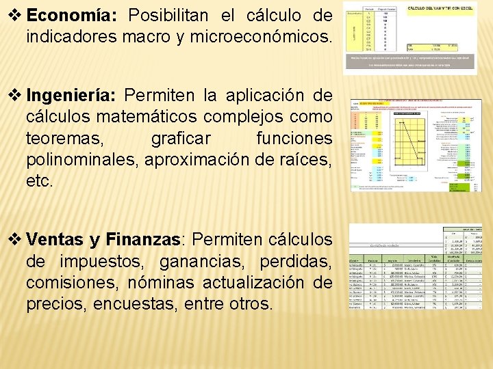 v Economía: Posibilitan el cálculo de indicadores macro y microeconómicos. v Ingeniería: Permiten la