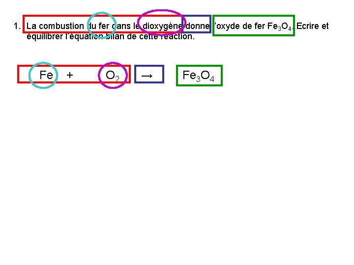 1. La combustion du fer dans le dioxygène donne l’oxyde de fer Fe 3