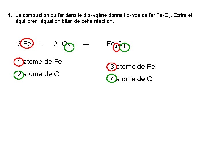 1. La combustion du fer dans le dioxygène donne l’oxyde de fer Fe 3