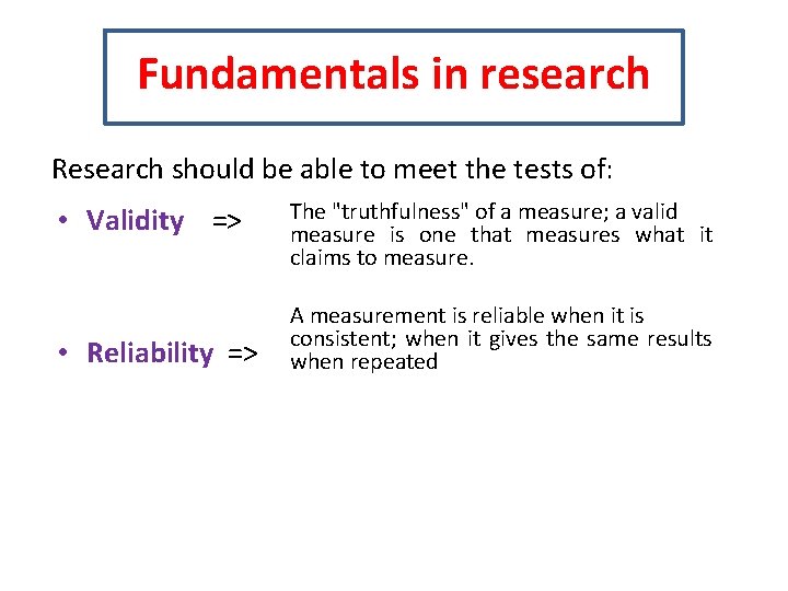 Fundamentals in research Research should be able to meet the tests of: • Validity