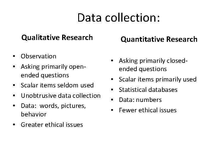 Data collection: Qualitative Research • Observation • Asking primarily openended questions • Scalar items