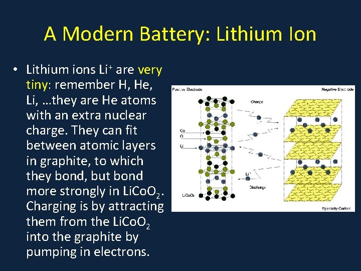 A Modern Battery: Lithium Ion • Lithium ions Li+ are very tiny: remember H,