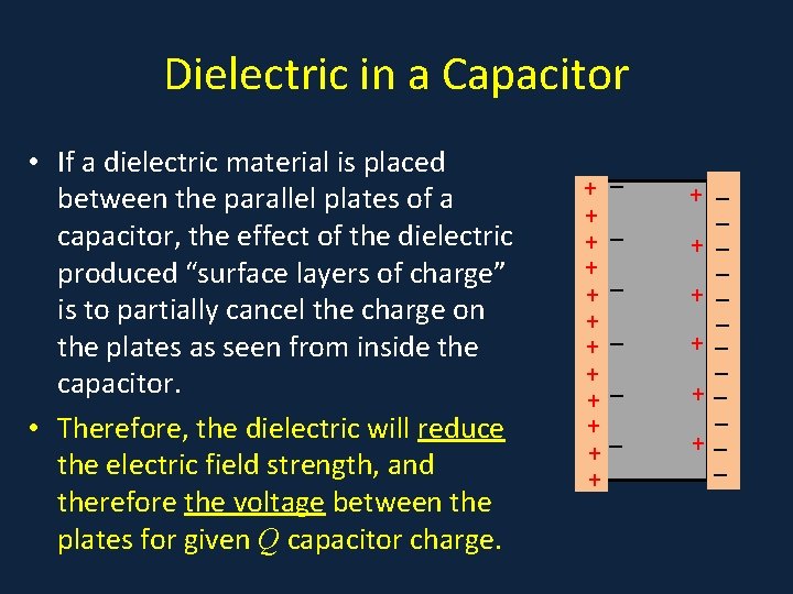 Dielectric in a Capacitor • If a dielectric material is placed between the parallel