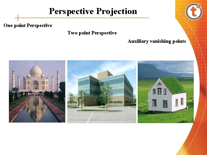 Perspective Projection One point Perspective Two point Perspective Auxiliary vanishing points 