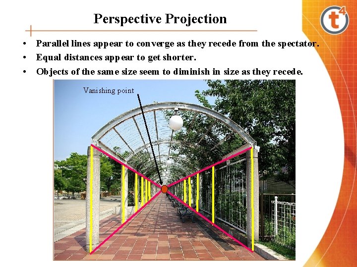 Perspective Projection • Parallel lines appear to converge as they recede from the spectator.