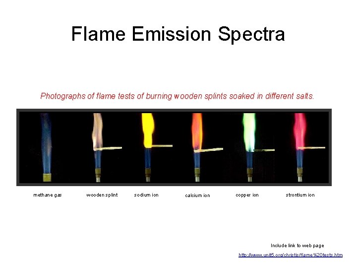 Flame Emission Spectra Photographs of flame tests of burning wooden splints soaked in different Flame Emission Spectra Photographs of flame tests of burning wooden splints soaked in different