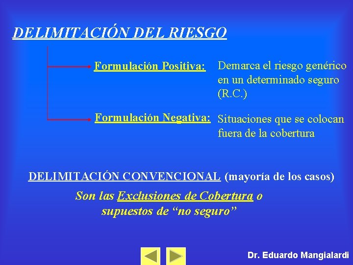 DELIMITACIÓN DEL RIESGO Formulación Positiva: Demarca el riesgo genérico en un determinado seguro (R.