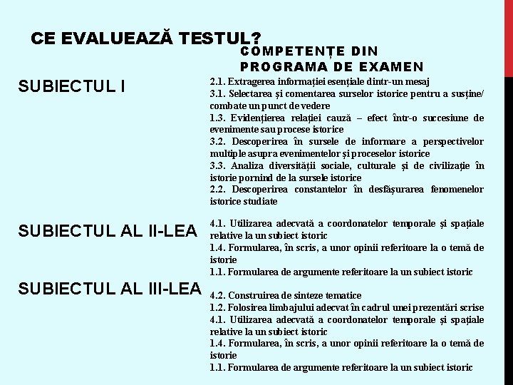 CE EVALUEAZĂ TESTUL? COMPETENȚE DIN PROGRAMA DE EXAMEN SUBIECTUL I 2. 1. Extragerea informaţiei CE EVALUEAZĂ TESTUL? COMPETENȚE DIN PROGRAMA DE EXAMEN SUBIECTUL I 2. 1. Extragerea informaţiei