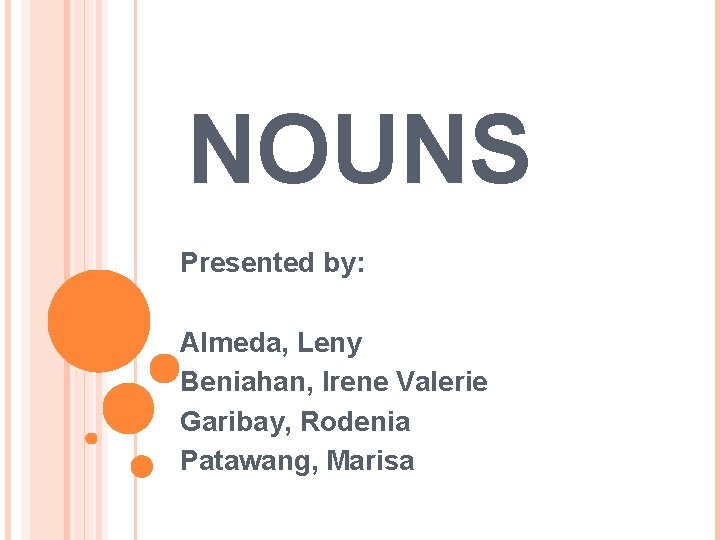 NOUNS Presented by: Almeda, Leny Beniahan, Irene Valerie Garibay, Rodenia Patawang, Marisa 