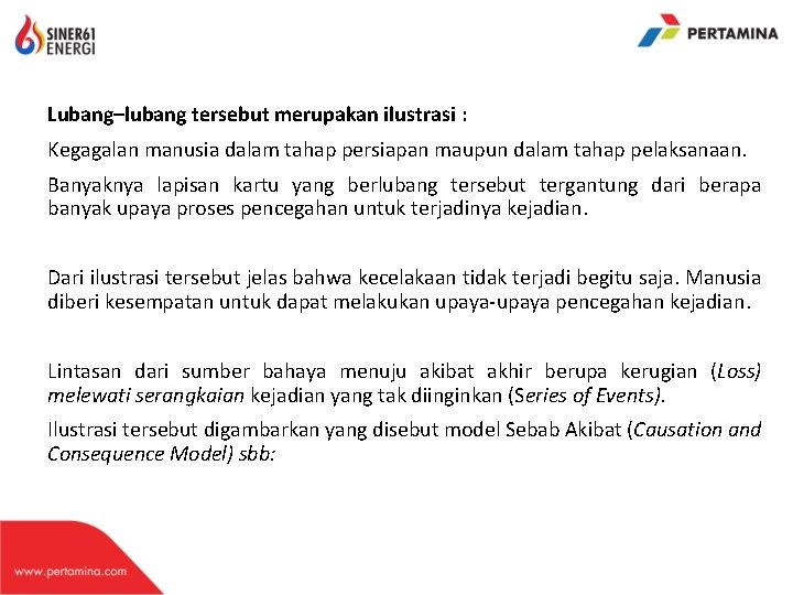 Lubang–lubang tersebut merupakan ilustrasi : Kegagalan manusia dalam tahap persiapan maupun dalam tahap pelaksanaan.