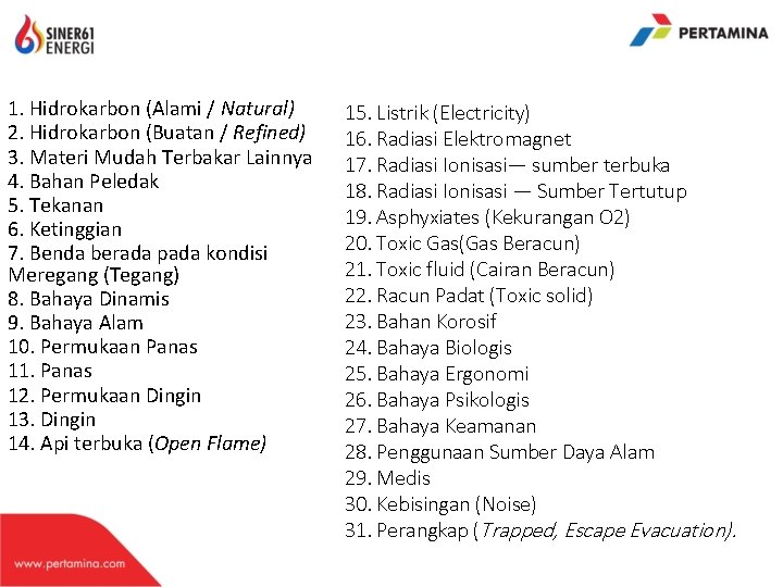 1. Hidrokarbon (Alami / Natural) 2. Hidrokarbon (Buatan / Refined) 3. Materi Mudah Terbakar