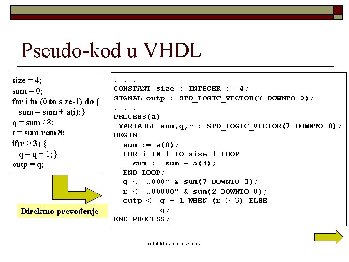 Pseudo-kod u VHDL size = 4; sum = 0; for i in (0 to