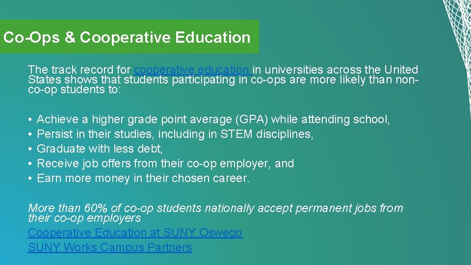 Co-Ops & Cooperative Education The track record for cooperative education in universities across the