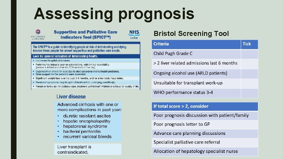 Assessing prognosis Bristol Screening Tool 