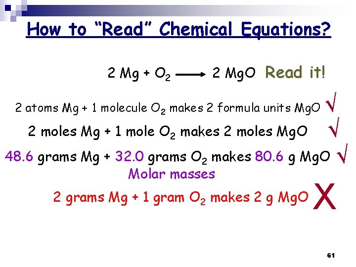 How to “Read” Chemical Equations? 2 Mg + O 2 2 Mg. O Read