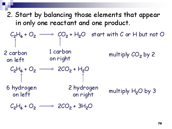 2. Start by balancing those elements that appear in only one reactant and one