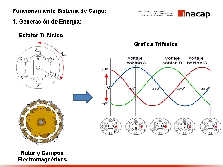 Funcionamiento Sistema de Carga: 1. Generación de Energía: Estator Trifásico Gráfica Trifásica Rotor y