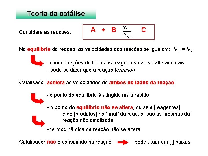 Teoria da catálise Considere as reações: A + B v 1 C v- 1