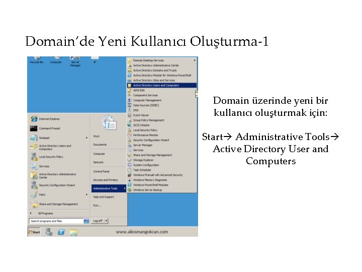  Domain’de Yeni Kullanıcı Oluşturma-1 Domain üzerinde yeni bir kullanıcı oluşturmak için: Start Administrative