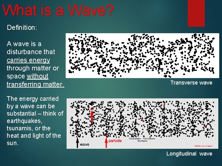 What is a Wave? Definition: A wave is a disturbance that carries energy through