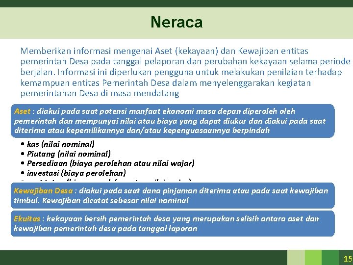Neraca Memberikan informasi mengenai Aset (kekayaan) dan Kewajiban entitas pemerintah Desa pada tanggal pelaporan Neraca Memberikan informasi mengenai Aset (kekayaan) dan Kewajiban entitas pemerintah Desa pada tanggal pelaporan