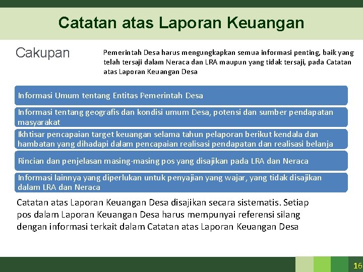 Catatan atas Laporan Keuangan Cakupan Pemerintah Desa harus mengungkapkan semua informasi penting, baik yang Catatan atas Laporan Keuangan Cakupan Pemerintah Desa harus mengungkapkan semua informasi penting, baik yang