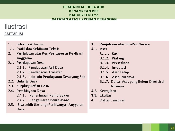 PEMERINTAH DESA ABC KECAMATAN DEF KABUPATEN XYZ CATATAN ATAS LAPORAN KEUANGAN Ilustrasi DAFTAR ISI PEMERINTAH DESA ABC KECAMATAN DEF KABUPATEN XYZ CATATAN ATAS LAPORAN KEUANGAN Ilustrasi DAFTAR ISI