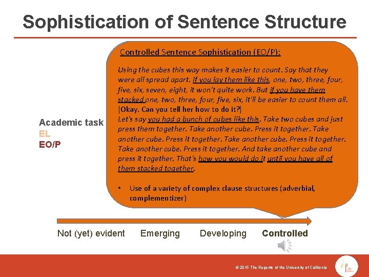 Sophistication of Sentence Structure Controlled Sentence Sophistication (EO/P): Controlled Sentence Sophistication (EL): Academic task