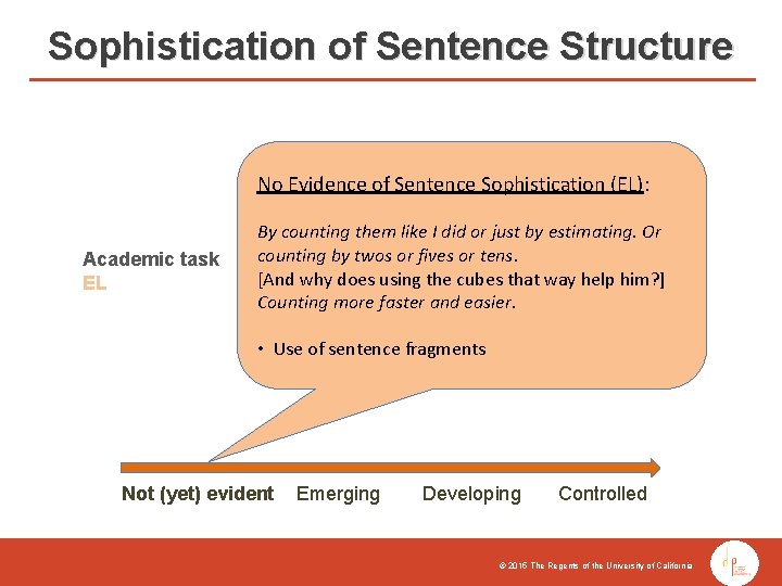 Sophistication of Sentence Structure No Evidence of Sentence Sophistication (EL): Academic task EL By