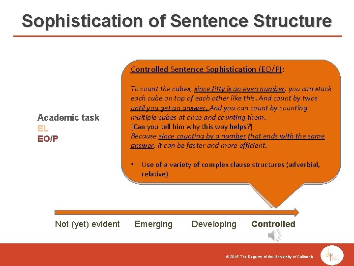 Sophistication of Sentence Structure Controlled Sentence Sophistication (EO/P): Controlled Sentence Sophistication (EL): Academic task