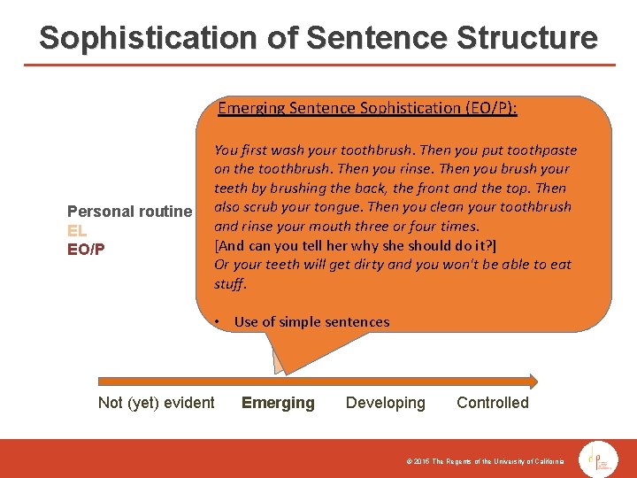 Sophistication of Sentence Structure Emerging Sentence Sophistication (EO/P): Emerging Sentence Sophistication (EL): Personal routine