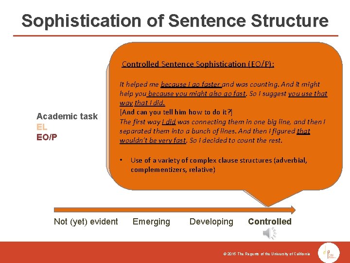 Sophistication of Sentence Structure Controlled Sentence Sophistication (EO/P): Controlled Sentence Sophistication (EL): It helped