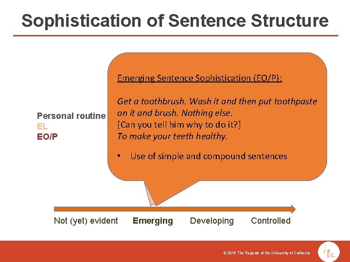 Sophistication of Sentence Structure Emerging Sentence Sophistication (EL): Emerging Sentence Sophistication (EO/P): Personal routine