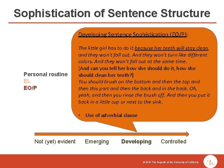 Sophistication of Sentence Structure Developing Sentence Sophistication (EO/P): Personal routine EL EO/P The little