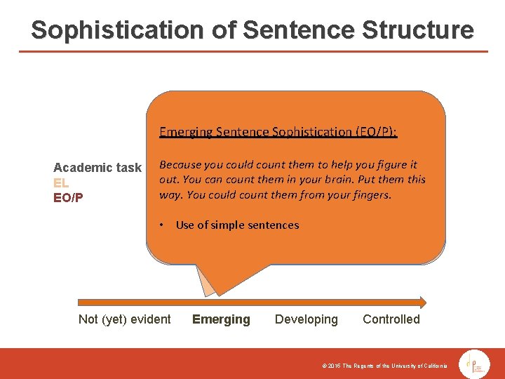 Sophistication of Sentence Structure Emerging Sentence Sophistication (EO/P): Emerging Sentence Sophistication (EL): Academic task