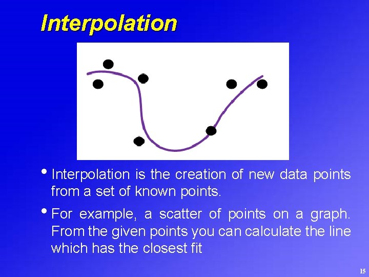 Interpolation • Interpolation is the creation of new data points from a set of