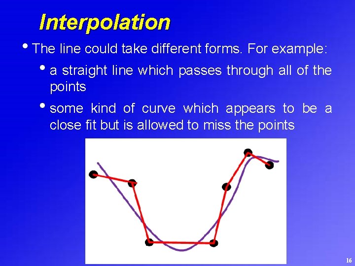 Interpolation • The line could take different forms. For example: • a straight line