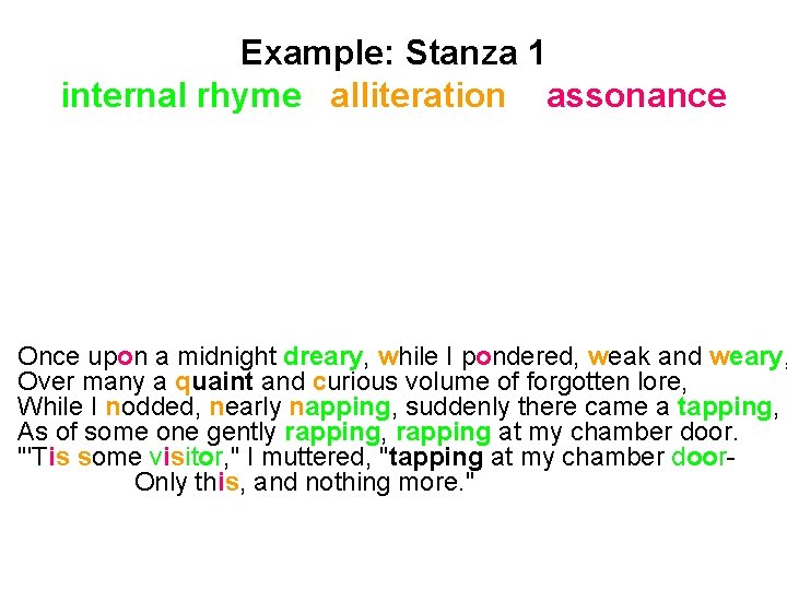 Example: Stanza 1 internal rhyme alliteration assonance Once upon a midnight dreary, while I