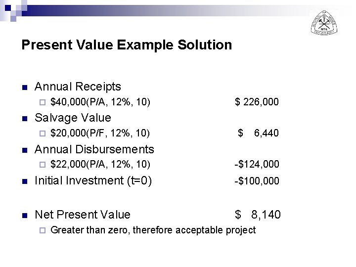 Present Value Example Solution n Annual Receipts ¨ n $ 226, 000 Salvage Value