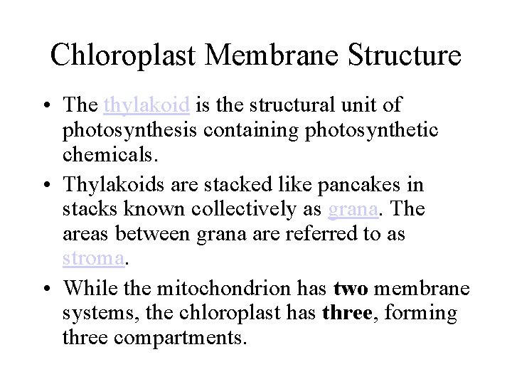 Chloroplast Membrane Structure • The thylakoid is the structural unit of photosynthesis containing photosynthetic