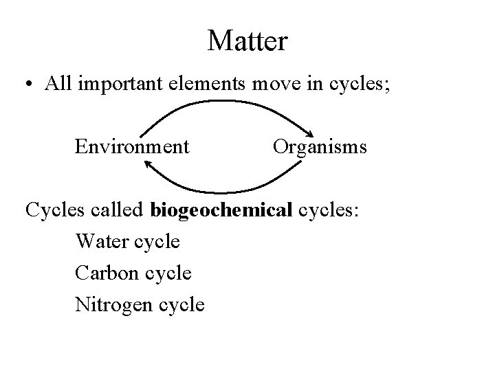 Matter • All important elements move in cycles; Environment Organisms Cycles called biogeochemical cycles: