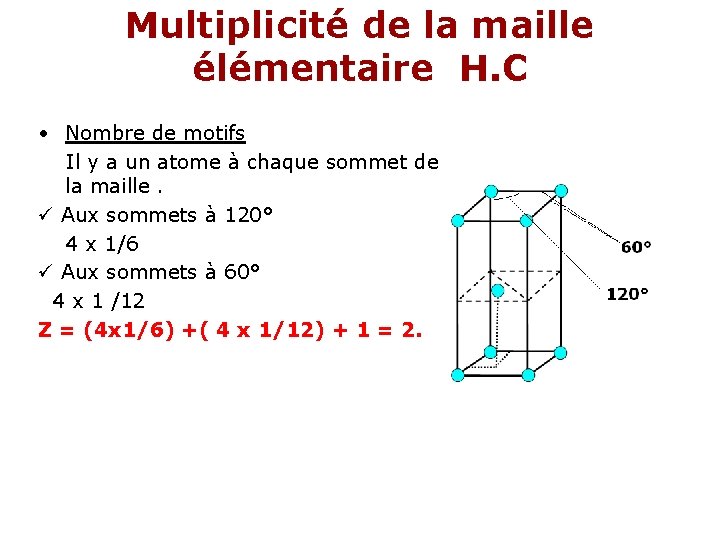 Multiplicité de la maille élémentaire H. C • Nombre de motifs Il y a