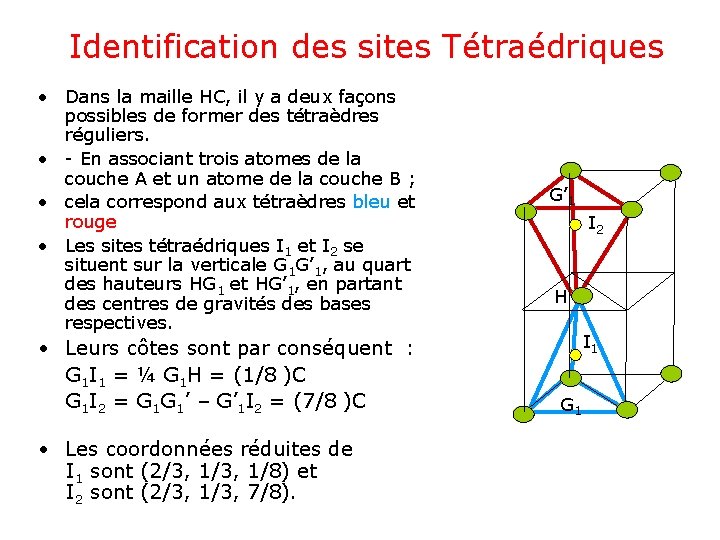 Identification des sites Tétraédriques • Dans la maille HC, il y a deux façons