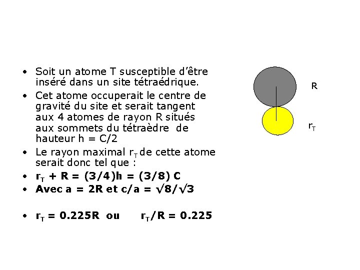  • Soit un atome T susceptible d’être inséré dans un site tétraédrique. •