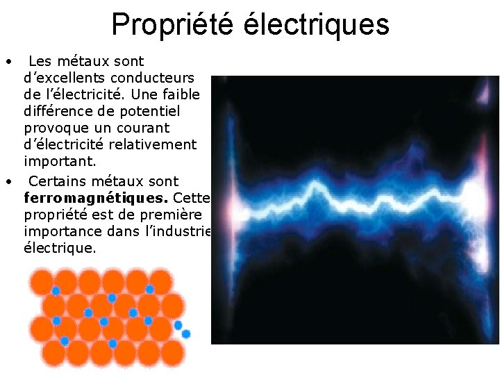 Propriété électriques • Les métaux sont d’excellents conducteurs de l’électricité. Une faible différence de